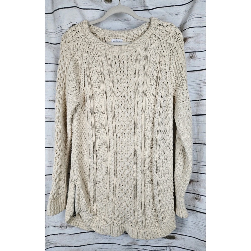 LL Bean Signature Beige Cable Knit Sweater Tunic M Womens Fisherman Boatneck